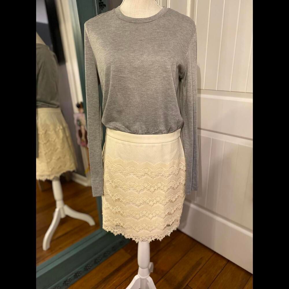 Chic Gray Long Sleeve Top with Cream Lace Skirt Set